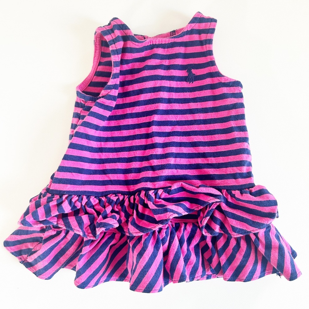Ralph‎ Lauren Baby Girls Pink Navy Striped Preppy Nautical Ruffle Dress Size 3M